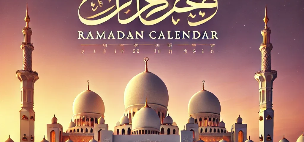 A beautifully designed 'Ramadan Calendar' text overlay on a background featuring a grand mosque at sunset. The mosque has intricate Islamic architectu