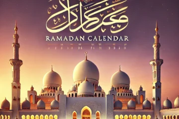 A beautifully designed 'Ramadan Calendar' text overlay on a background featuring a grand mosque at sunset. The mosque has intricate Islamic architectu