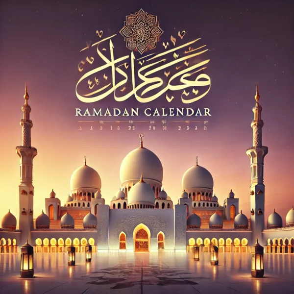 A beautifully designed 'Ramadan Calendar' text overlay on a background featuring a grand mosque at sunset. The mosque has intricate Islamic architectu